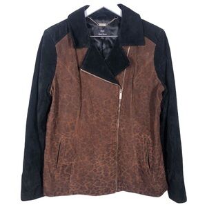 Dennis by Dennis Basso Leopard Print Black Brown Leather Moto Jacket Small